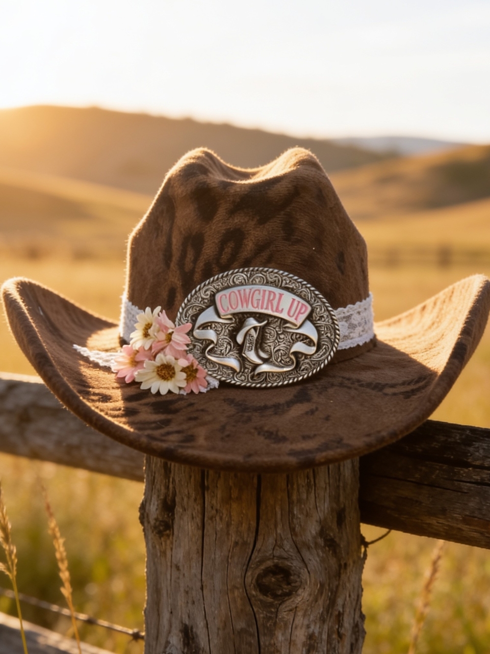 Cowgirl Up Leopard Print Brown Western Hat with Floral Accent